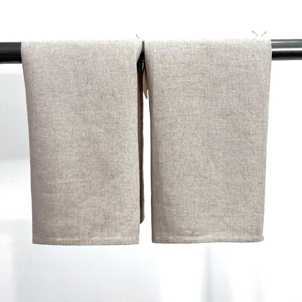 Tan Linen Hand Towels Embroidered French Knot Welcome to Our Nest Set of 2